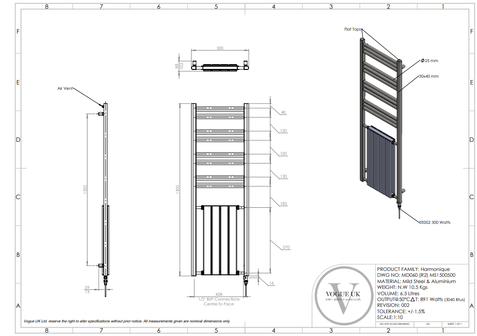 Harmony Brushed Brass Towel Rail 1500x500