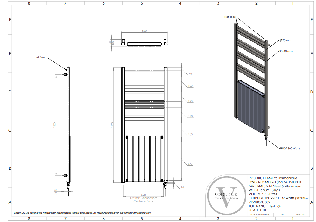 Harmony Brushed Brass Towel Rail 1500x600