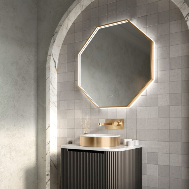 Cassa Octagonal Brushed Brass LED Mirror 600mm
