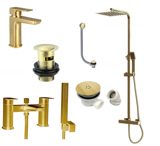 Brushed Brass Shower Kit Rigid Riser Over Head Rainfall & Brushed Brass Tap Pack with Bath Shower Mixer