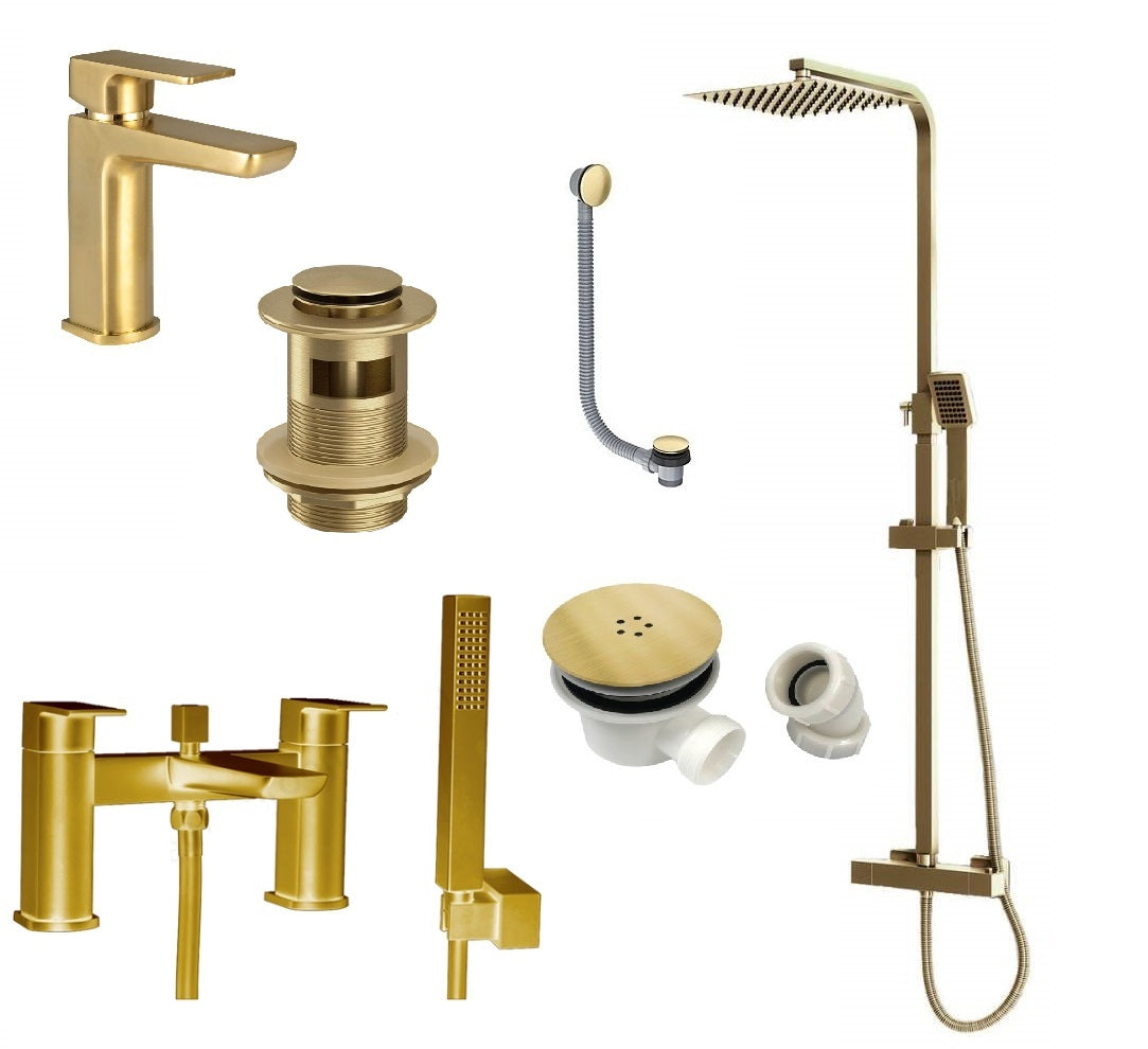 Brushed Brass Shower Kit Rigid Riser Over Head Rainfall & Brushed Brass Tap Pack with Bath Shower Mixer
