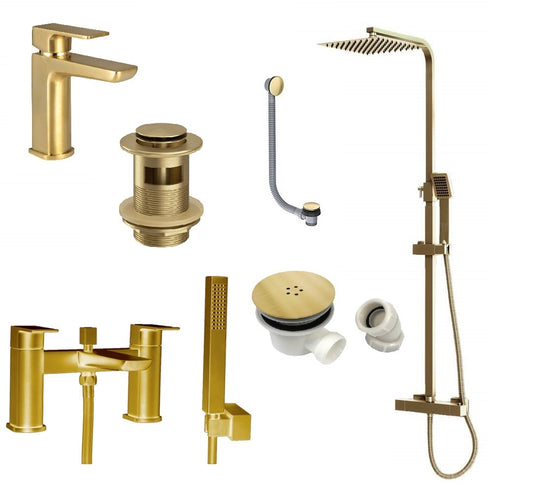 Brushed Brass Shower Kit Rigid Riser Over Head Rainfall & Brushed Brass Tap Pack with Bath Shower Mixer