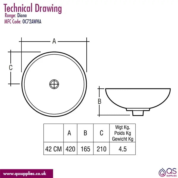 RAK - Diana Round Vanity Bowl - 2 Size Options W420 x D420 x H165mm