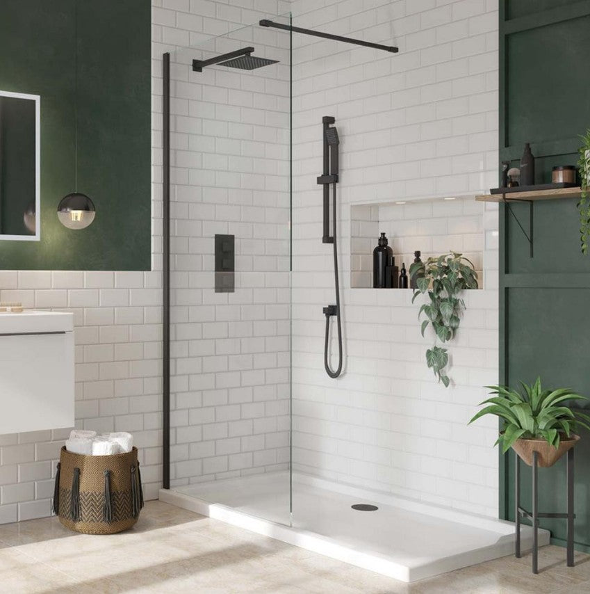 Waltham 900mm Matt Black Wet Room Screen 2m High 8mm Glass