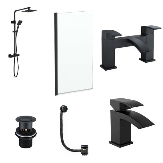 Modern Bathroom Suite Matt Black Shower Screen, Matt Black Shower Kit, Bath Filler Basin Tap Set & Wastes