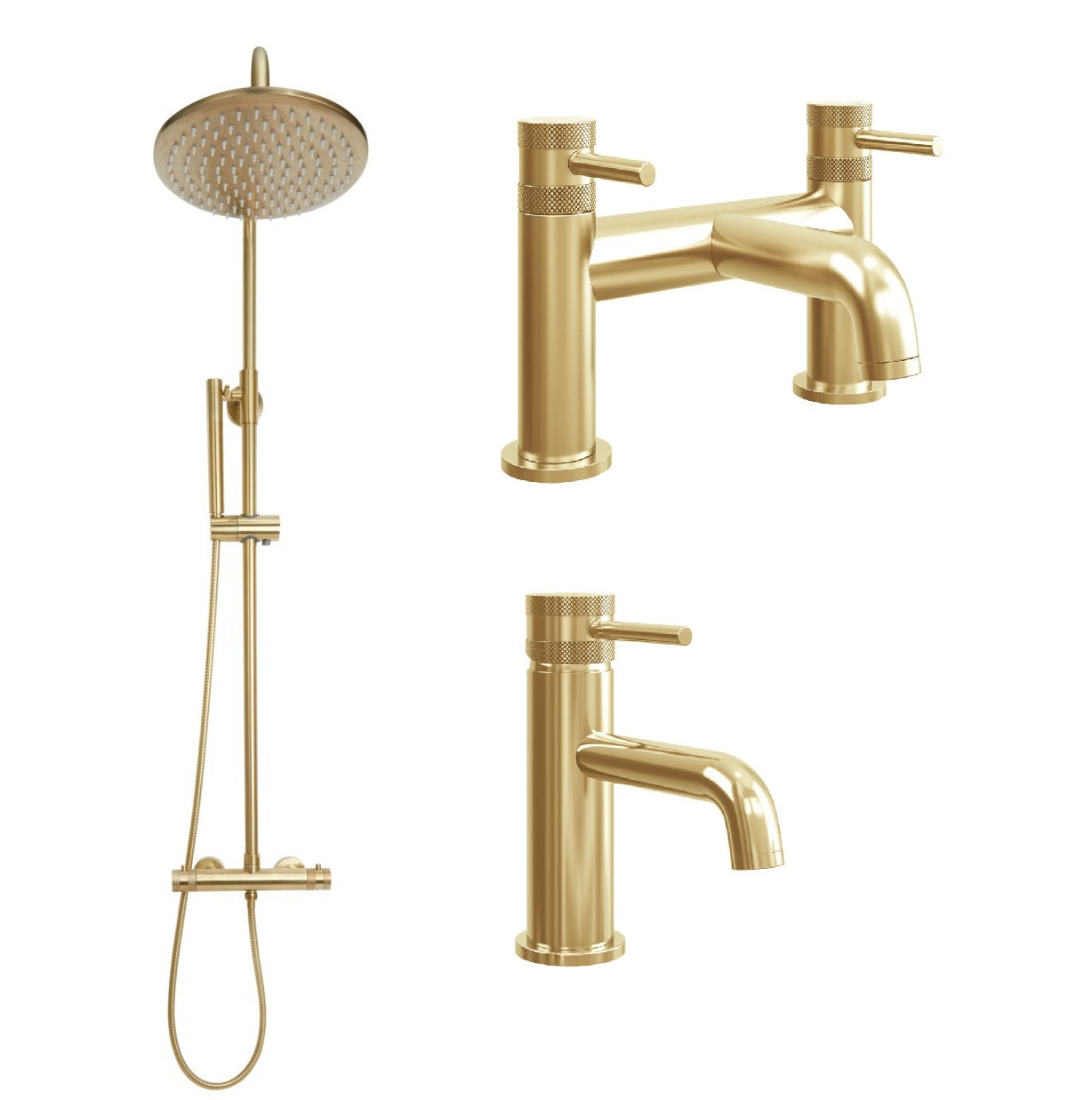 Apres Brushed Brass Thermostatic Shower Kit Basin & Bath Filler Mixer Tap Diamond Cut Handles
