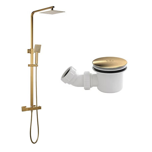 Brushed Brass Shower Kit Thermostatic Rigid Riser & 90mm Shower Tray Waste