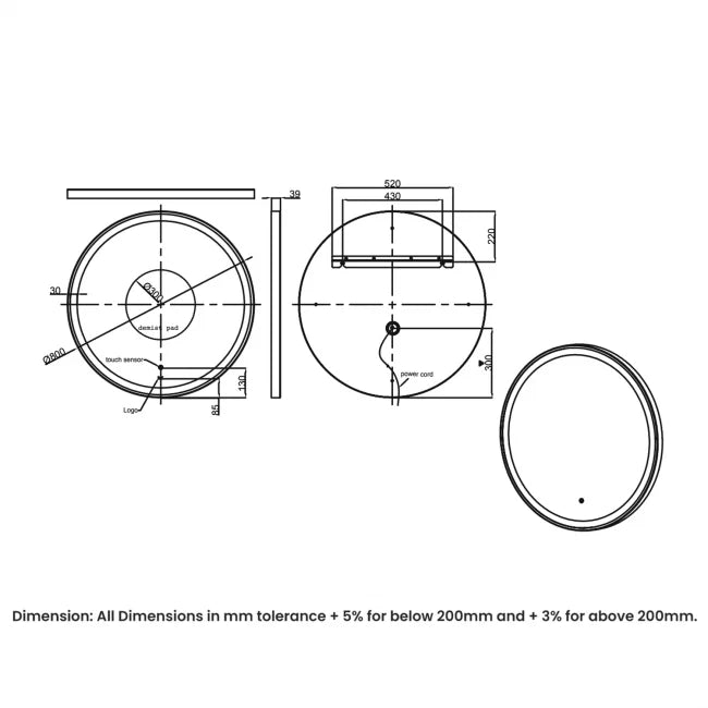 RAK Art Round LED Illuminated Bathroom Mirror with Demister Pad 800mm Diameter - Matt Black