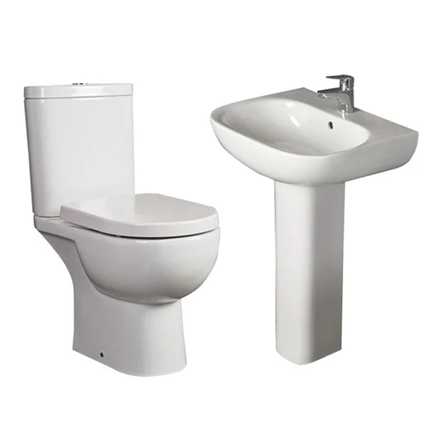 Complete Brushed Brass Tap Bathroom Suite, 1700 Bath, Shower Screen, Toilet, Basin and Pedestal, Brass Mura Taps, Thermostatic Shower, Wastes