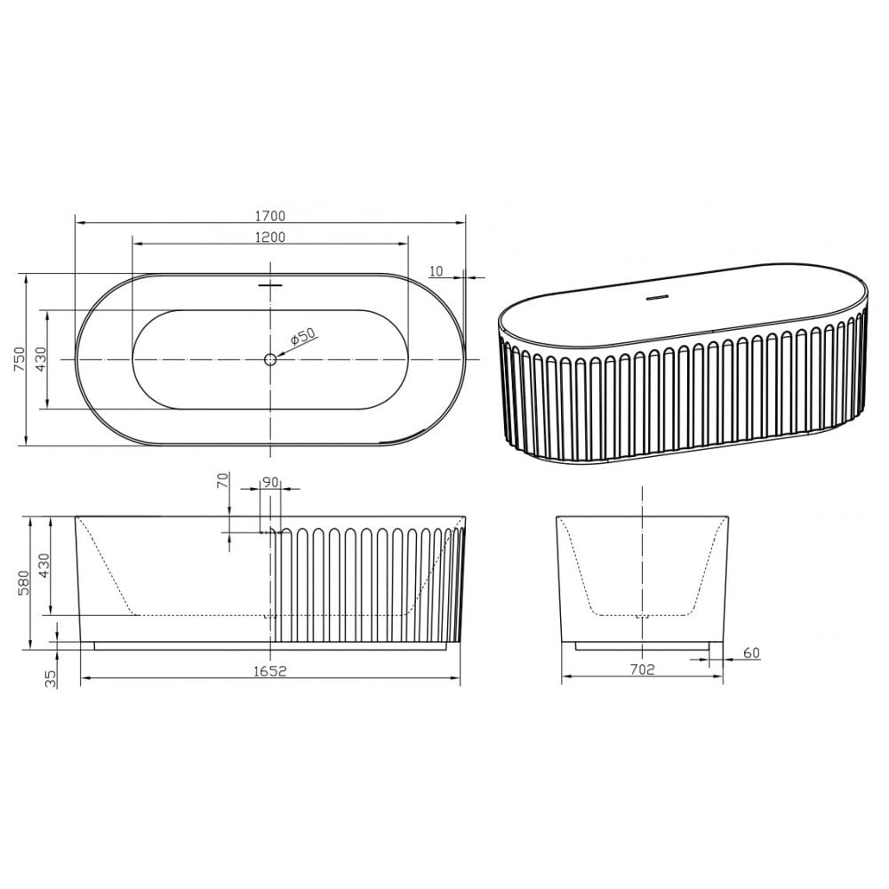 LYRA Fluted Freestanding Bath 1700 x 750 Gloss White