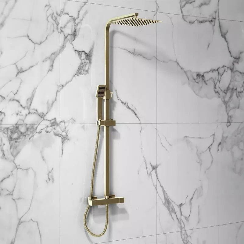 Brushed Brass Shower Kit Rigid Riser Over Head Rainfall & Brushed Brass Tap Pack with Bath Shower Mixer