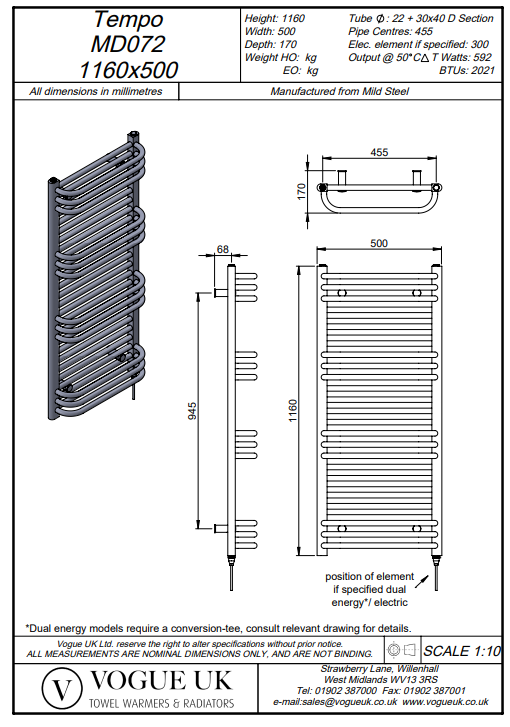 Meter Wall Mounted 1160 x 500mm Chrome